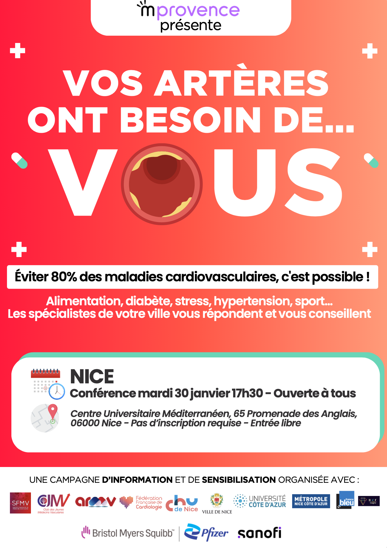 Conférence "Vos artères ont besoin de vous" Mardi 30 janvier au CMU de Nice à 17h30 - Les spécialistes de votre ville vous répondent