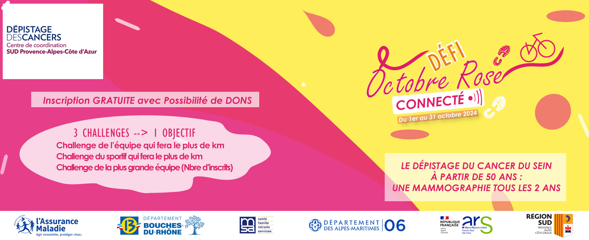 Affiche rose et jaune annonçant le défi connecté d'Octobre Rose où les sportifs comptabilisent leurs kilomètres en faveur du dépistage du cancer du sein